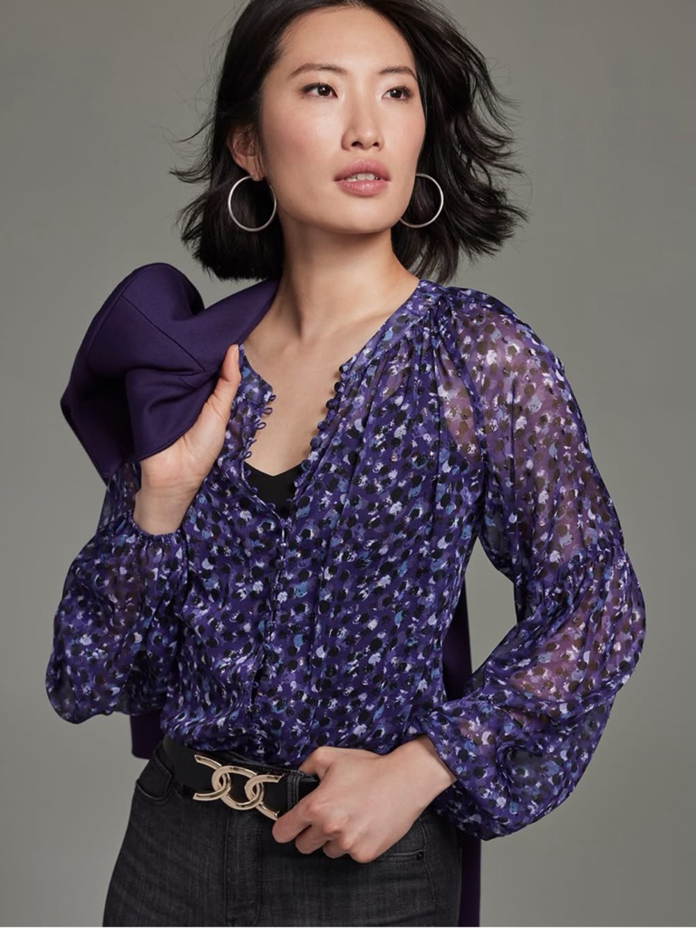WHBM Purple Sheer Clip Dot Balloon Sleeve Top